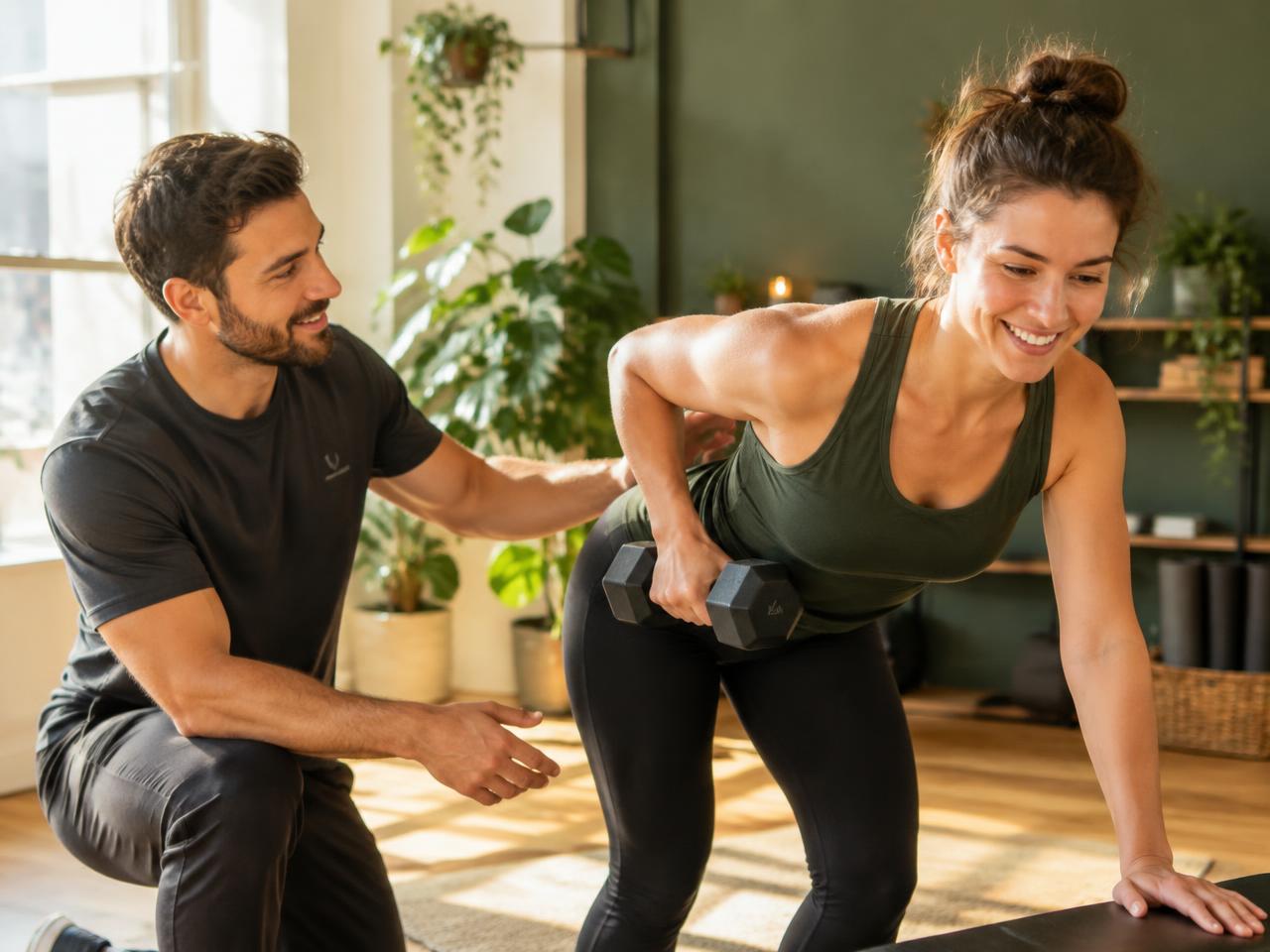 Personal trainer acompanhando aluna em treino